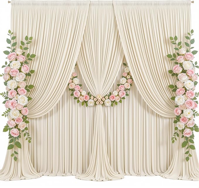 10x8ft Beige Backdrop Curtains for Parties Wedding Photo Wrinkle Free Polyester Photoshoot Curtains Drapes Backdrop for Birthday Baby Shower Graduation Stage Photography Background 2 Panels 5x8FT