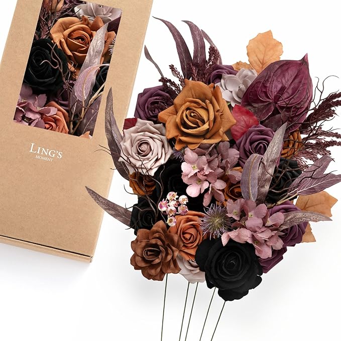 Ling's moment Fake Flowers Box, Faux Artificial Greenery Stems Foam Roses Gardenia Anthurium Silk Willow Eucalyptus Fabic Flower for Centerpieces Bouquet Vase, Black & Orange & Purple, Deluxe Combo
