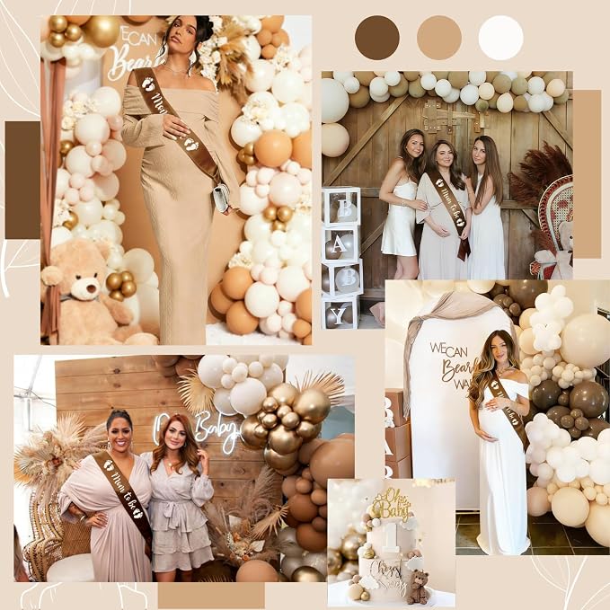 Baby Shower Decorations Neutral, Brown Nude Balloons Welcome Baby Banner, Cake Topper, Paper Pom Poms Tassels, Sash for Baby Shower Party Supplies