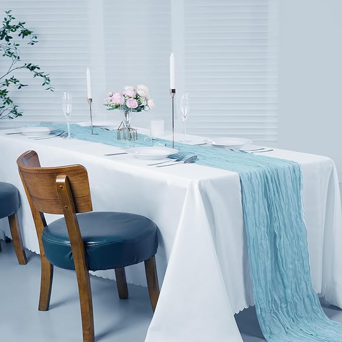 30 Pieces Light Blue Cheesecloth Table Runner, 17x108 Inch Long Boho Gauze Table Runner Rustic Decorations for Wedding Birthday Holiday Party Baby Shower Table Decor