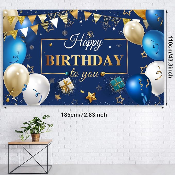 Moukeren Navy Blue and Gold Birthday Party Decorations 56 Pcs Happy Birthday Photography Backdrop Banner Tablecloths Confetti Balloons Kit for Boys Girls Men Women Party Supplies Decor