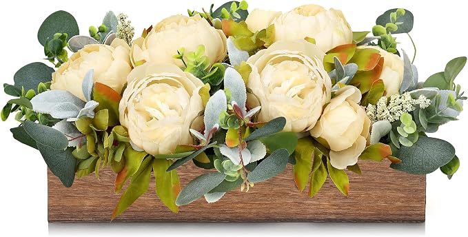 Flower Table Centerpieces for Dining Room, Summer Artificial Peony Table Centerpieces Wood Tray with Fake Flowers for Wedding Living Room Party Bar Kitchen Table(Champagne)