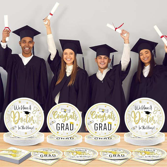 96Pcs Doctor Graduation Party Supplies We Have A Doctor in The House Paper Plates and Napkins Nurse Congrats Gad Tableware Disposable Dessert Dinnerware for PHD Medical School Grad Decor for 24 Guests