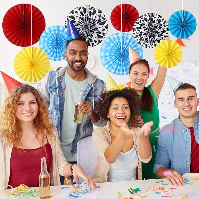 Outus 9 Pcs Cartoon Story Party Paper Fans Blue Sky White Clouds and Cow Print Hanging Decorations Red Yellow Blue Paper Fans Hanging Ceiling Wall Decors for Birthday Baby Shower Party Supplies