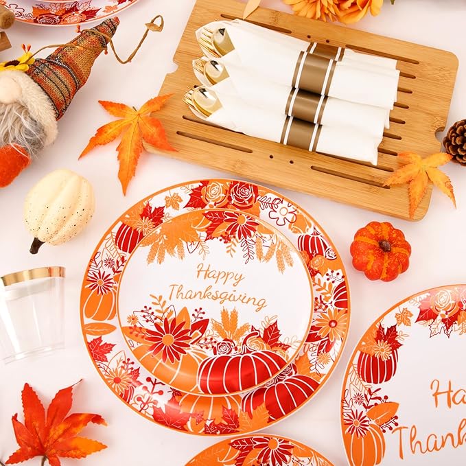 DaYammi 210Pcs Thanksgiving Plastic Plates,Orange and Red Disposable Dinnerware Set Includes 60 Dinner plates,30 Gold Plastic Silverware,30 Per Rolled Napkins,30 plastic Cups for Thanksgiving Party