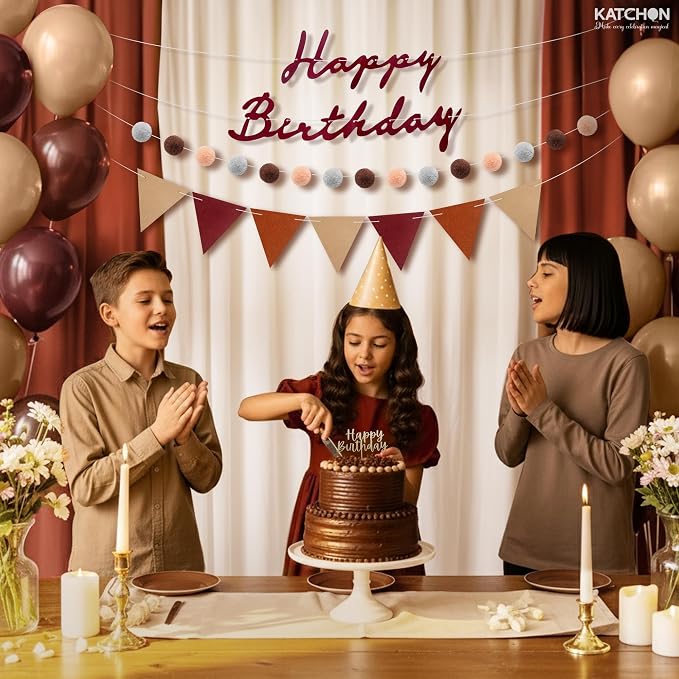 KatchOn, Burgundy Happy Birthday Banner Set – Pre Strung, 10 Ft | Triangle Flag Banner and Pom Pom Garland, Reusable | Burgundy Birthday Decorations for Women, Men | Boho Party Decorations