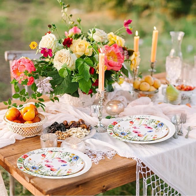 Ziliny 250 Pcs Wildflower Party Decorations Include Spring Summer Floral Paper Plates Napkins and Cups for Wildflower Baby Shower Tea Decorations, Serve 50 Guest(Colored,Vivid Style)