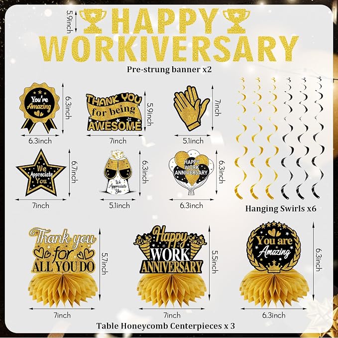 Zirtorei Happy Workiversary Decorations for Men Women Employee, 11pcs Black Gold Work Anniversary Banner Party Supplies, Workiversary Honeycomb Centerpieces Hanging Swirls Business Gift for Office