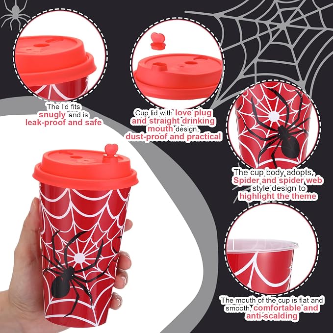 Maxcheck 24 Sets 16 oz Spider Party Favors Goodie Cups with Colorful Lids and Straws for Birthday Decorations Reusable Plastic Candy Cups Bulk Plastic Straws for Birthday Party Celebration Gifts