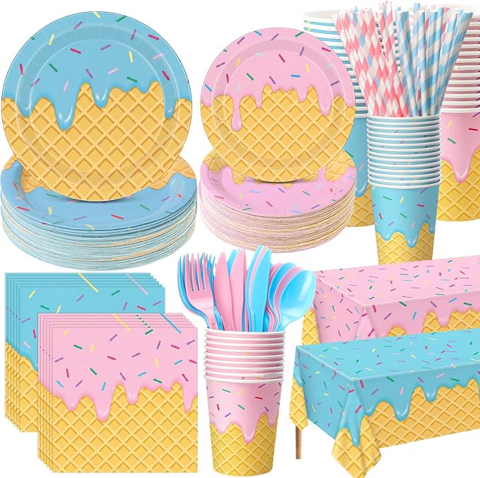 LemonRoad 452 Pcs Ice Cream Party Decorations for 50 Disposable Ice Cream Cone Tableware Set Paper Plate Cup Napkin Tablecloth Fork Straw Spoon Supplies for Birthday Sweet Summer Baby Shower Dinner