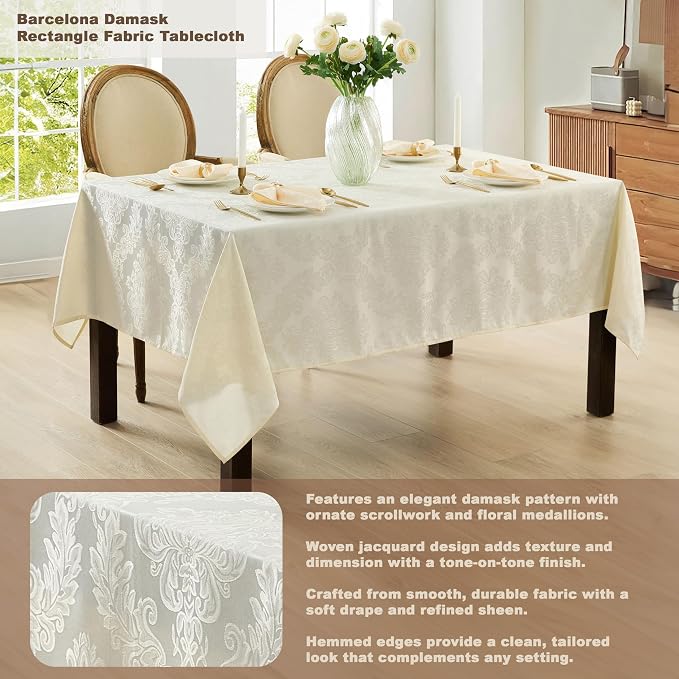 Newbridge Barcelona Luxury Damask Fabric Tablecloth, 70” Extra Wide x 90” Rectangle, Antique White, 100% Polyester, No Iron, Soil Resistant Dining Room, Party and Banquet Table Cover