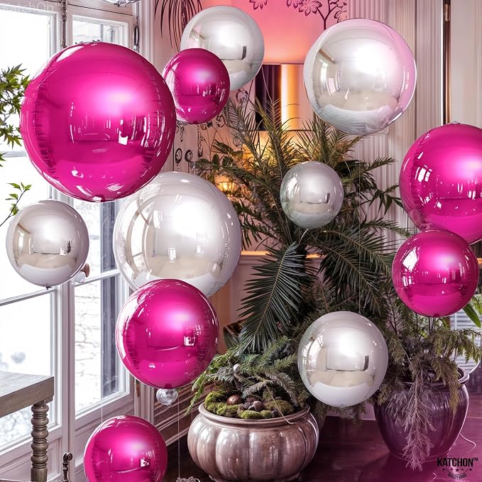 KatchOn, Hot Pink and Silver Balloons - 22 Inch Pack of 14 | Silver and Hot Pink Foil Balloons for Baby Shower Decorations | Graduation Decorations | Bridal Shower and Birthday Decoration for Women