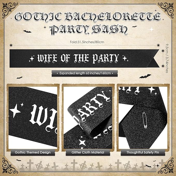 JaGely 4 Pcs Gothic Bachelorette Party Accessories Set, Bride Crystal Crown Sunglasses Sash and Fan for Bridal Shower(Wife of the Party)