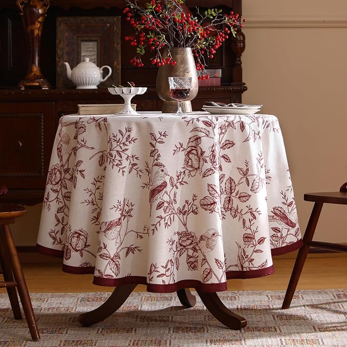 ISAENNE Designer French Linen Round Tablecloth,Diameter 55"-Harmony | Vintage Elegant Beautiful Decoration Table Cloth,Red Floral and Bird Pattern,Heavy,Dining,Tea Party,Kitchen,Thanksgiving