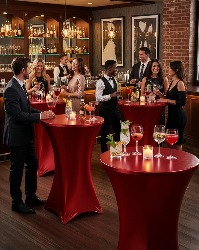 Cocktail High Top Table Covers - 32x43 Inch Fitted Spandex Round Cocktail Tablecloth for Bar Height Standing Table Cloths Reusable, for Party Wedding Banquet Event Decorations, Shiny Red, 8 Pack
