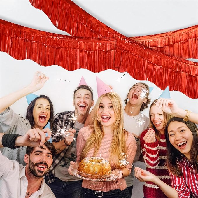 LOLStar Red Foil Fringe Tinsel Garland, Tinsel Streamers Banner, 6 Pack | 60Ft Tinsel Streamers, Shiny Red Wall Hanging Tinsel Fringe Banners for Valentines Day, Parade Float, Christmas Party Decor