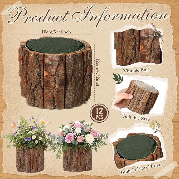 12 Set Wooden Vase for Centerpieces Wedding Flower Table Centerpieces Decor Rustic Bark Stump Bucket Farmhouse Wood Planter Pot for Woodland Party Window Home (Flower Foam,Large)