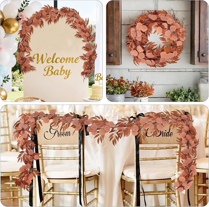 RECUTMS 2Pcs Artificial Fall Eucalyptus Garland with Willow Leaves 6Ft Hanging Silk Orange Leaf Vine Greenery Faux Ivy Plants Indoor Outdoor Home Office Party Wedding Table Arch Fireplace Autumn Decor