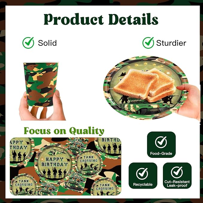 182Pcs Camo Birthday Party Supplies,Army Camouflage Theme Paper Plates Napkins and Tableware Set for Army Military Birthday Decorations,Serves 30