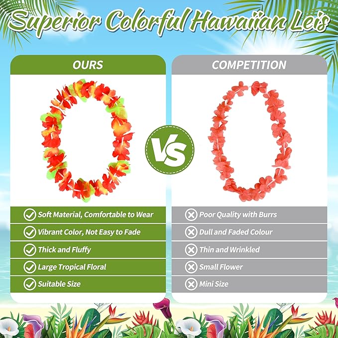 120 Packs Hawaiian Luau Leis Bulk Tropical Hawaii Theme Silk Flower Necklace Summer Beach Party Decorations Birthday Party Favors