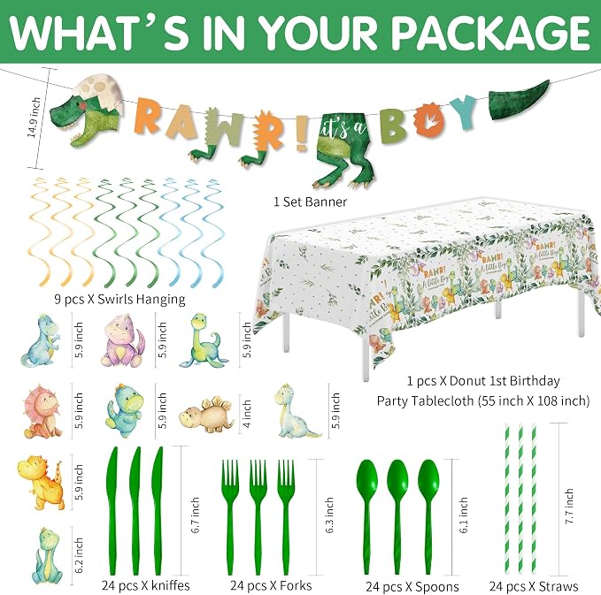 Dinosaur Baby Shower Decorations for Boy, Jungle Animal Dino Baby Boy Party Supplies, Dinosaur Theme Rawr It's a Boy Paper Plate, Napkin, Cup, Tablecloth, Cutlery, Banner, Swirls, Serves 24