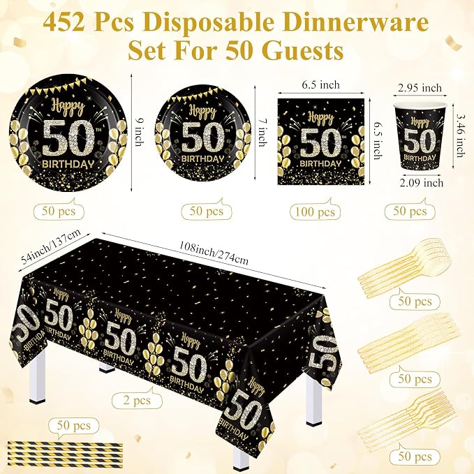 Funnymoom 452 Pcs 50th Birthday Decorations for Men, Black and Gold 50th Birthday Paper Plates Cups Napkins Tablecloth Cutlery Straws for Men Women 50 Year Old Party Supplies for 50 Guests