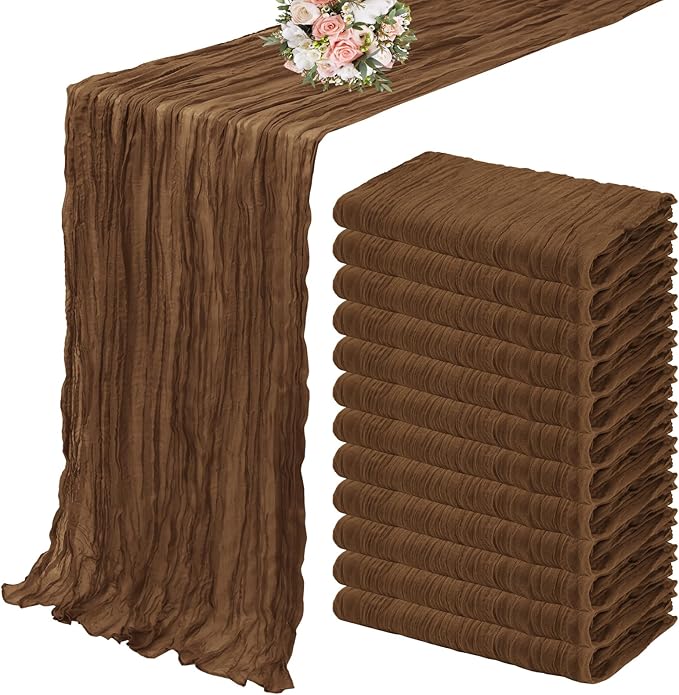 12 Pack Cheesecloth Table Runner 35 x 120 inch Long Boho Cheese Cloth Gauze Table Runners Semi Sheer Table Runner for Wedding Decor, Bridal Shower, Birthday Party (Brown)