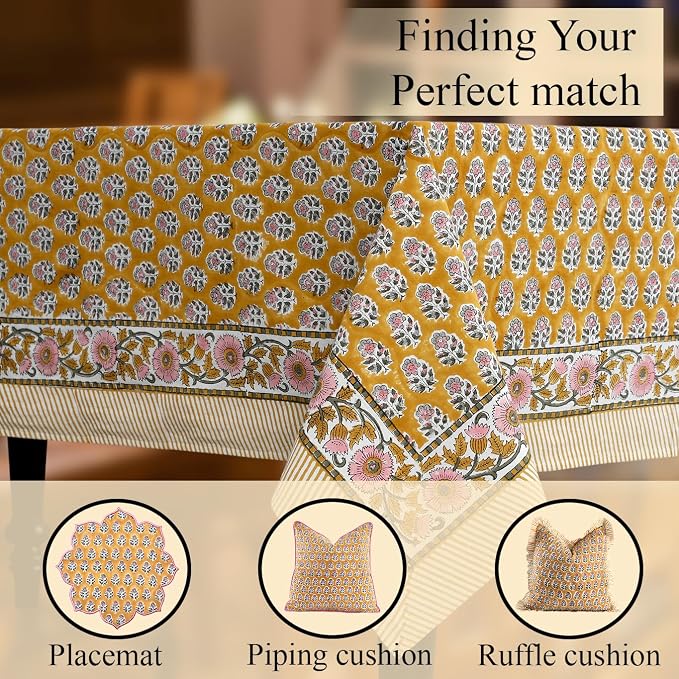 CPC Tablecloth 100% Cotton 80x120 Inch Indian Block Print Rectangle Table Cover, Gray Table Cloth for Weddings, Spring/Summer, Barbeque - Yellow Citrine