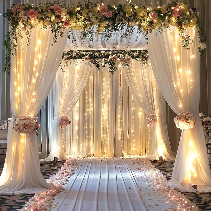 20ft x 10ft White Chiffon Backdrop Curtain with Lights String for Parties,4 Panels Sheer Tulle Curtain Wedding Backdrop for Baby Shower Birthday Party Ceremony Reception Home Decorations