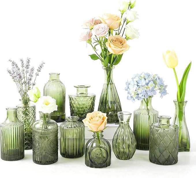 Mini Bud Vases Centerpieces for Tables,Clear Bud Vases for Flowers,Small Flower Vases Suitable for Birthday Party,Anniversary,Wedding Reception,Baby Shower (GradGreen, 12PCS)
