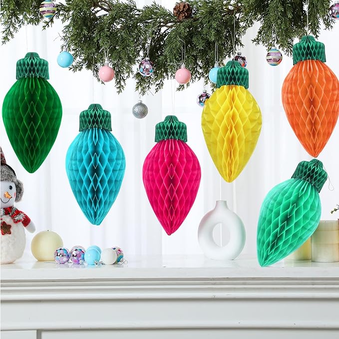 12 Pcs 12" Vibrant Jumbo Christmas Lights Honeycomb Hanging Decoration Large 3D Light Bulb Land Xmas Assorted Colors Light for Christmas Tree Mantal Ceiling Classroom Ornament