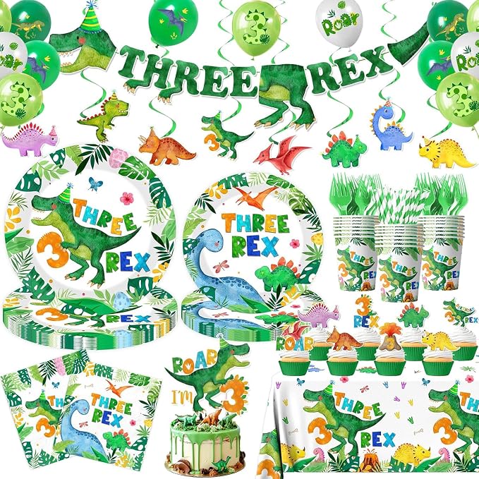 214pcs Three Rex Birthday Decorations Tableware Boy,Dinosaur Paper Plates and Napkins for Birthday Party,12 Balloons,Banner,Tablecloth,Cups,TRex Dinosaur Theme 3 Year Old Boy Party Supplies,Serve 24