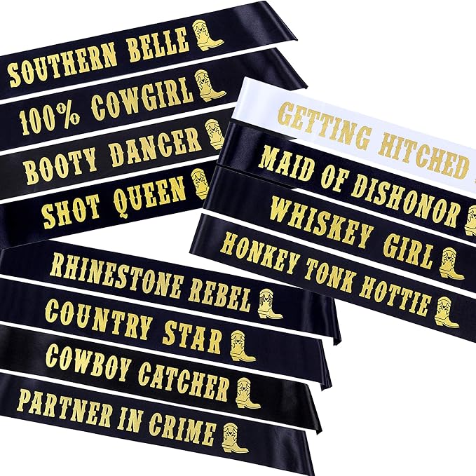 Pop Fizz Designs Nashville Bachelorette Party Sashes | 12 Pack | Includes 1 Bride Sash “Getting Hitched” | 11 Funny Bride Tribe Sashes for Bridal Party