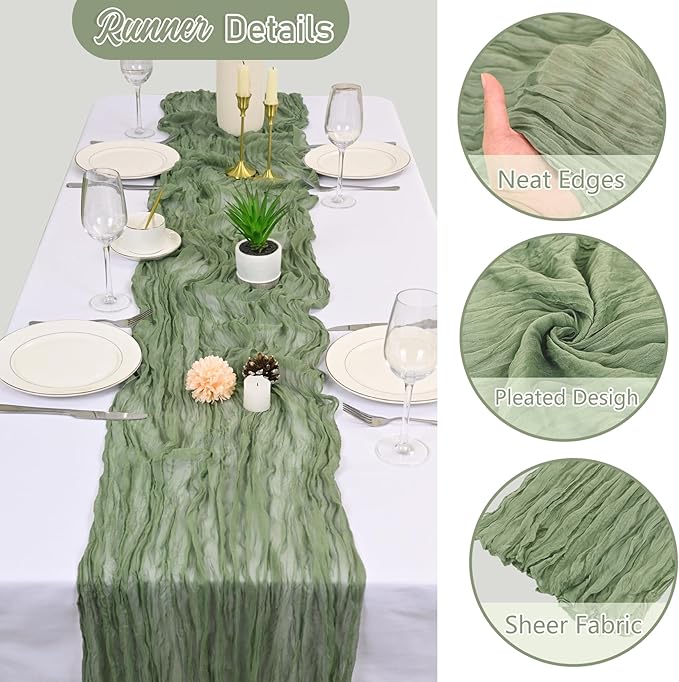 10 Pack Sage Green Cheesecloth Table Runner 10FT Boho Gauze Fabric Cheese Cloth Table Runners for Wedding ,Party,Baby Shower, Bridal Party, Rustic Farmhouse and Table Decorations