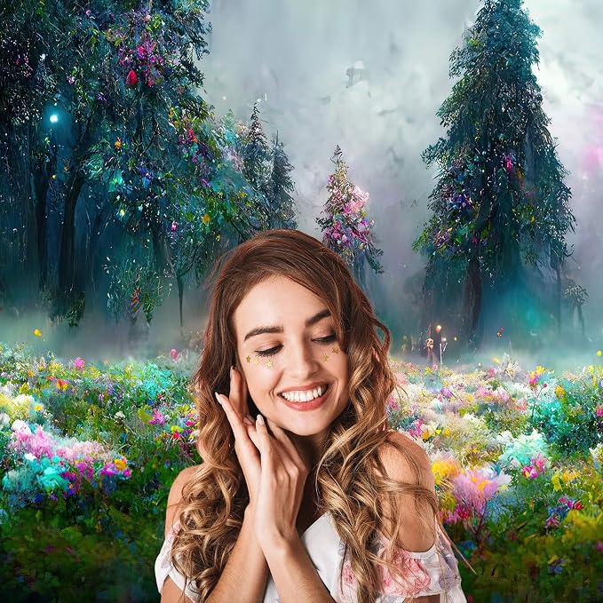 Fantasy Forest Backdrop Evening Light Magic Field Photography Background Abstract Deep Jungle Rainforest Landscape Backdrop Decors Misty Foggy Night Meadow Lush Flowers Background Props 6x4ft