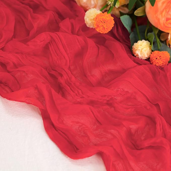 Snowkingdom 6 PCS Red Cheesecloth Table Runner 10 Ft, 120 inch Long Cheese Cloth Gauze Runners for Christmas Wedding Bridal Baby Shower Birthday Holiday Party Table Decorations