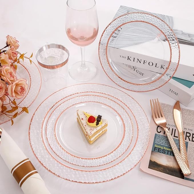 Liacere 350PCS Rose Gold Plastic Plates-Clear Rose Disposable Plates 50 Guests include 50 Dinner Plates,50 Salad Plates,50 Forks,50 Knives,50 Spoons,50 Cups,50 Napkins for Wedding & Party