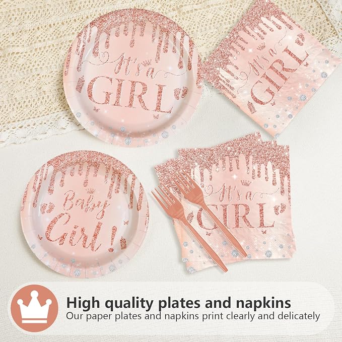 96Pcs It's a Girl Baby Shower Decorations Diamond Rose Gold Plates and Napkins Pink Girl Theme Disposable Paper Tableware Set for Girls Gender Reveal Baby Shower Birthday Party Supplies Serves 24