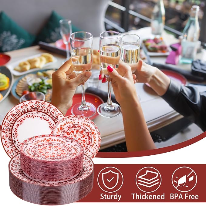 Hioasis 60pcs Red Plastic Plates Set - Floral Red & White Porcelain Design, 10.25" Dinner & 7.5" Dessert Plates Disposable for Christmas (Dishwasher Safe, Traditional Style)