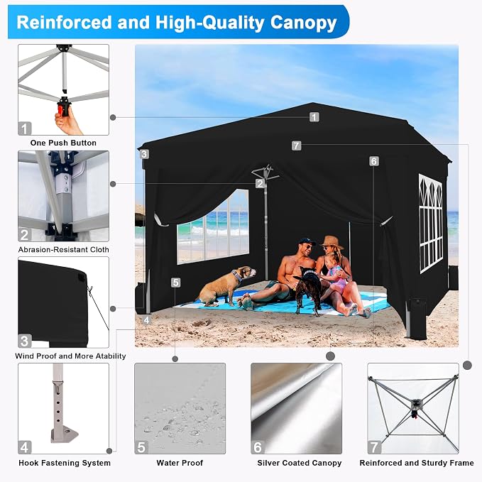 SANWAY 10x10 Pop Up Canopy with Sidewalls x 4 – Easy Setup Canopy Tent, Waterproof, UV-Resistant, Portable with Carry Bag for Outdoor Events, Camping, and Backyard Parties – Black