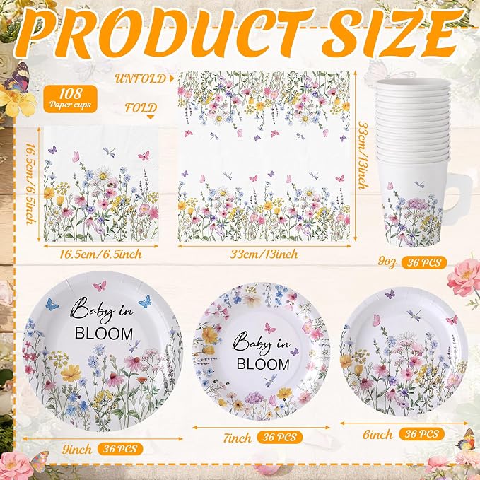 Pickmesh 252 Pcs Baby in Bloom Tea Party Supplies for 36 Guests Wildflower Paper Disposable Dinnerware Flower Teacup with Handle and Saucers Set for Tea Party Decorations Birthday Baby Shower Wedding