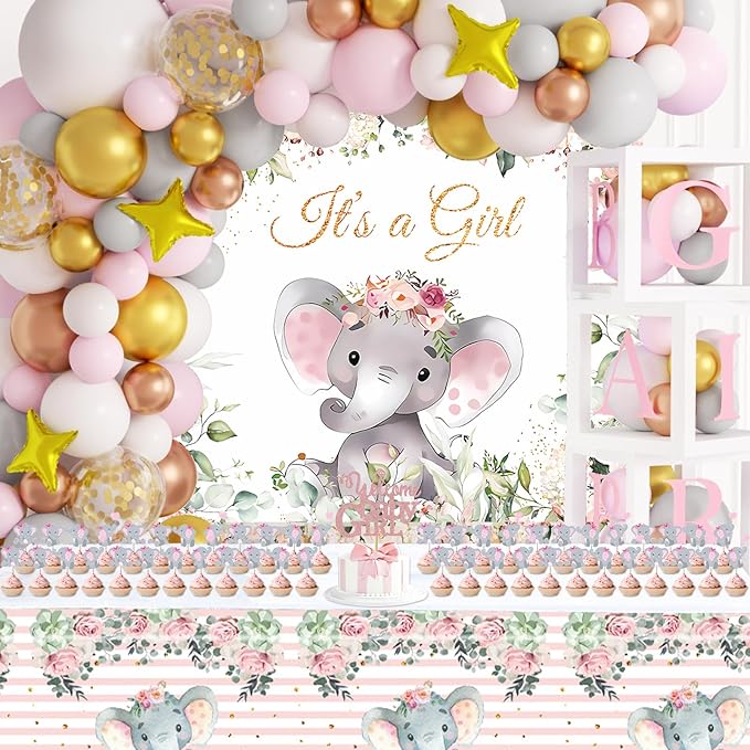 JOGAMS Elephant Baby Shower Decorations for Girl 234Pcs with Baby Boxes Letter Backdrop Tablecloth Cupcake Cake Topper Gold Star 4D Foil Confetti Balloons for Elephant Theme Baby Shower Birthday Party