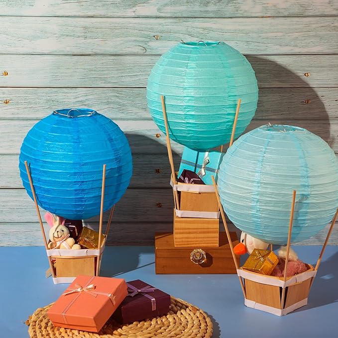 Namalu 24 Set Hot Air Balloon Table Centerpieces Baby Shower Party Decoration Paper Lanterns with Wooden Basket Sticks for Summer Birthday School DIY Craft(Blue Series)