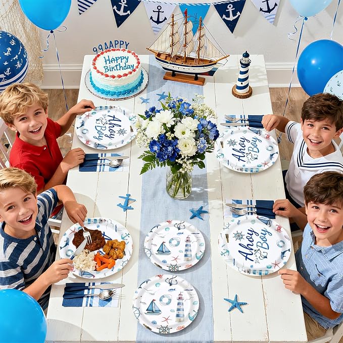 Nautical Party Plates and Napkins Ahoy Its A Boy Baby Shower Decorations Disposable Anchor Nautical Tableware Sets for Boys Baby Shower Ocean Gender Reveal Birthday Sailing Party Supplies Serves 24