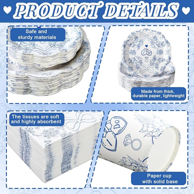 Newtay 250 Pcs Something Blue Disposable Plates and Napkins Bridal Shower Party Tableware Setting for 50 Guests Bachelorette Wedding Party Napkins and Cups Engagement Supplies