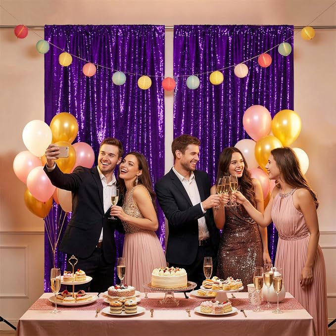 SquarePie 2 PCS 4x10ft Purple Sequin Backdrop for Photography, Extra Long Satin-Backed Real Sequin Curtain, High-Density Shimmering Background with 4" Rod Pocket for Wedding Ceremony, 2 Panels