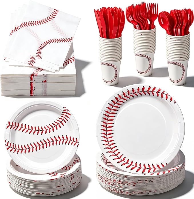 400 Pcs Disposable Baseball Party Tableware Set for 50 Guests | Heavy-Duty 7" & 9" Paper Plates, Cups, 13" Napkins & Plastic Cutlery for Game Day and Birthday Party Supplies
