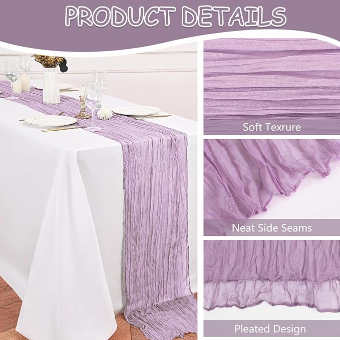 10 Pack Lavender Cheesecloth Table Runner 10FT Boho Gauze Fabric Cheese Cloth Table Runners for Wedding ,Party,Baby Shower, Bridal Party, Rustic Farmhouse and Table Decorations
