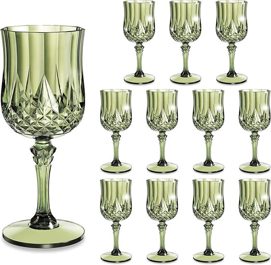 12PCS 7oz Plastic Wine Glasses Drinking Unbreakable Glassware Goblets Cups Green Water Reusable Vintage Champagne Flutes for Valentine’s Day, Parties, Wedding (12, Light Green)