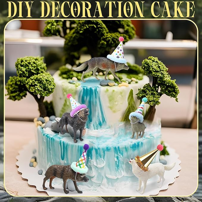 Colingmill 18 Pcs Wolf Miniature Birthday Hats & Figures Cake Toppers with Mini Hat for Birthday Party, Animal Themed Party